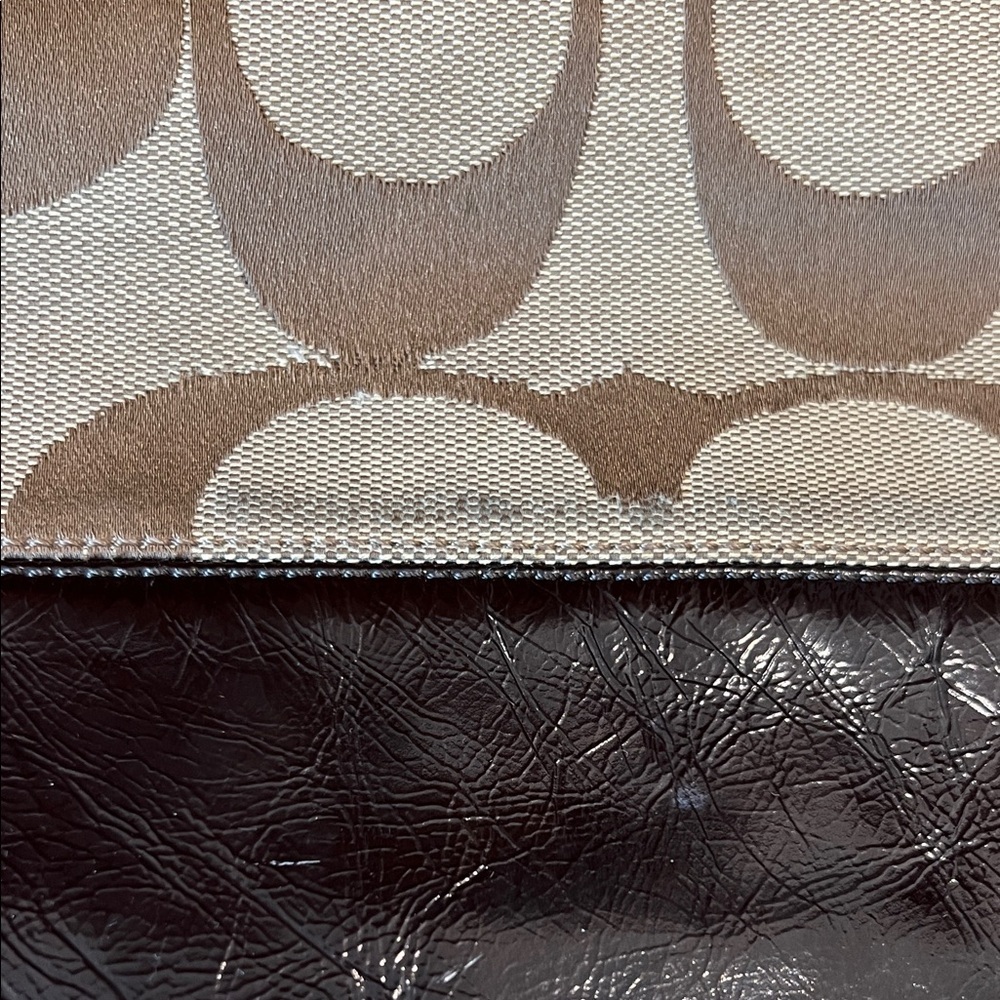 Coach Signature Jacquard Canvas & Patent Leather Hobo Shoulder Bag Khaki/Brown - Picture 2 of 11
